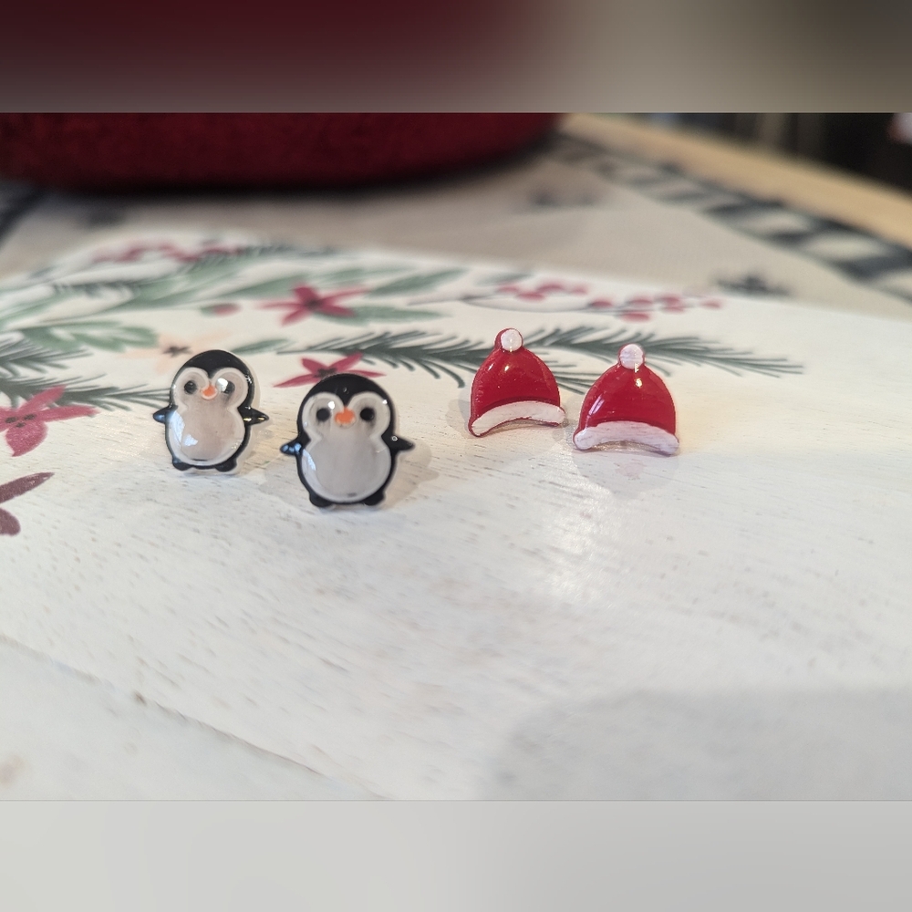 Handmade Polymer Clay Penguin and Santa Hat Stud Earrings